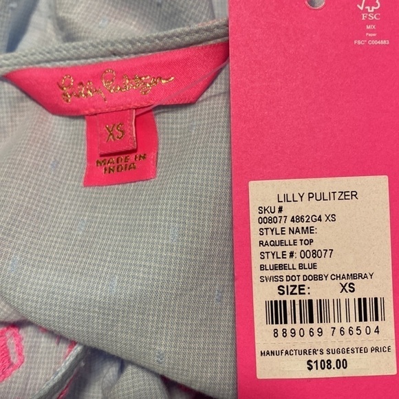 Lilly Pulitzer Raquelle Top Bluebell Blue Swiss Dot Dobby Chambray Sz XS NEW - Picture 8 of 12